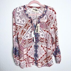 Savanna Jane Top Women Small Shirt Blouse Floral Embroidered Boho Aztec B10